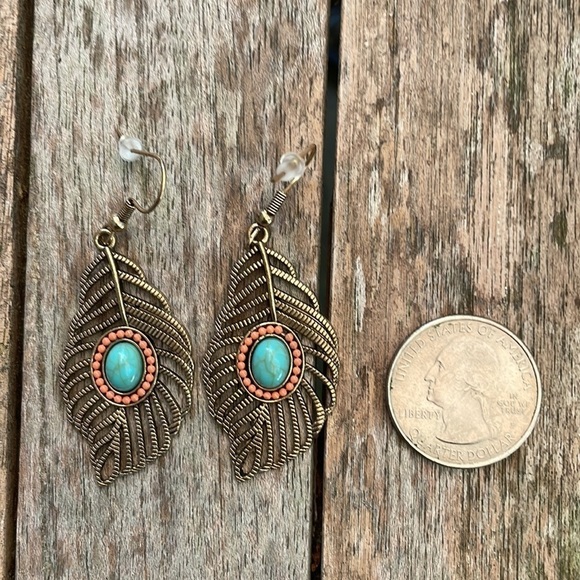 Feather Turquoise Stone Silver Drop Earrings - Picture 12 of 14
